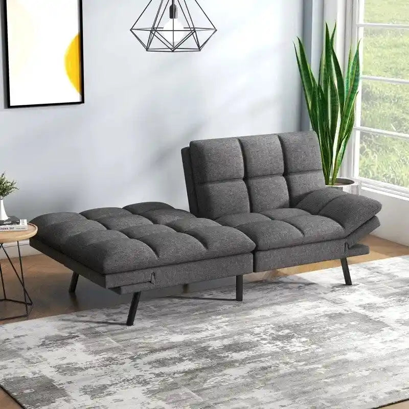 Futon Sofa Bed, Faux Leather Convertible Sofa with Adjustable Splitback Armrests for Compact Living Space, Twin Size