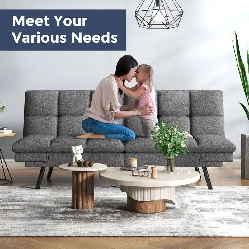 Futon Sofa Bed, Faux Leather Convertible Sofa with Adjustable Splitback Armrests for Compact Living Space, Twin Size