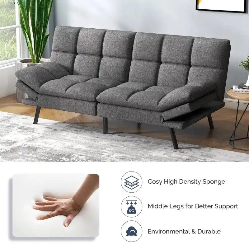 Futon Sofa Bed, Faux Leather Convertible Sofa with Adjustable Splitback Armrests for Compact Living Space, Twin Size