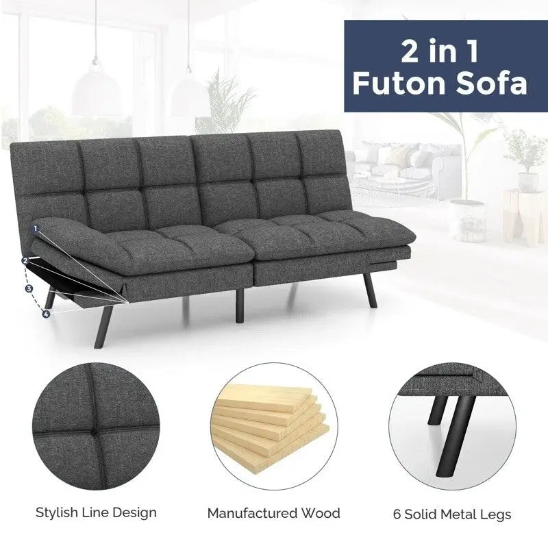 Futon Sofa Bed, Faux Leather Convertible Sofa with Adjustable Splitback Armrests for Compact Living Space, Twin Size