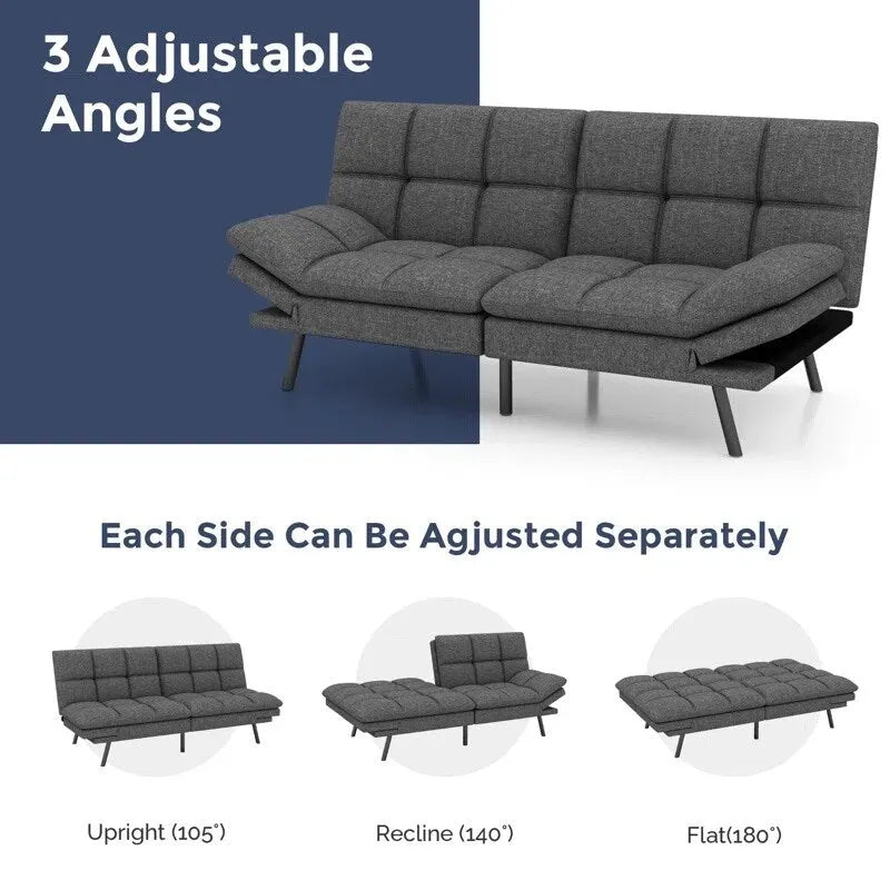 Futon Sofa Bed, Faux Leather Convertible Sofa with Adjustable Splitback Armrests for Compact Living Space, Twin Size