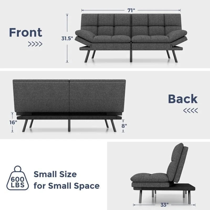 Futon Sofa Bed, Faux Leather Convertible Sofa with Adjustable Splitback Armrests for Compact Living Space, Twin Size