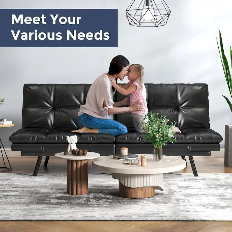 Futon Sofa Bed, Faux Leather Convertible Sofa with Adjustable Splitback Armrests for Compact Living Space, Twin Size