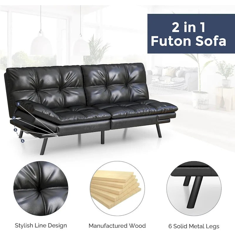 Futon Sofa Bed, Faux Leather Convertible Sofa with Adjustable Splitback Armrests for Compact Living Space, Twin Size