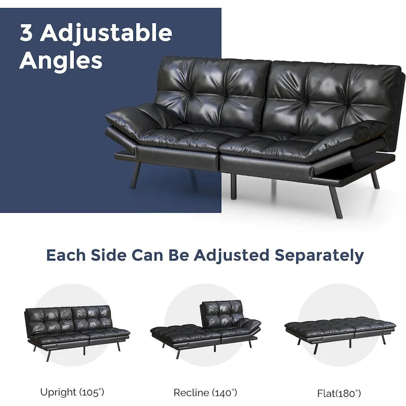 Futon Sofa Bed, Faux Leather Convertible Sofa with Adjustable Splitback Armrests for Compact Living Space, Twin Size