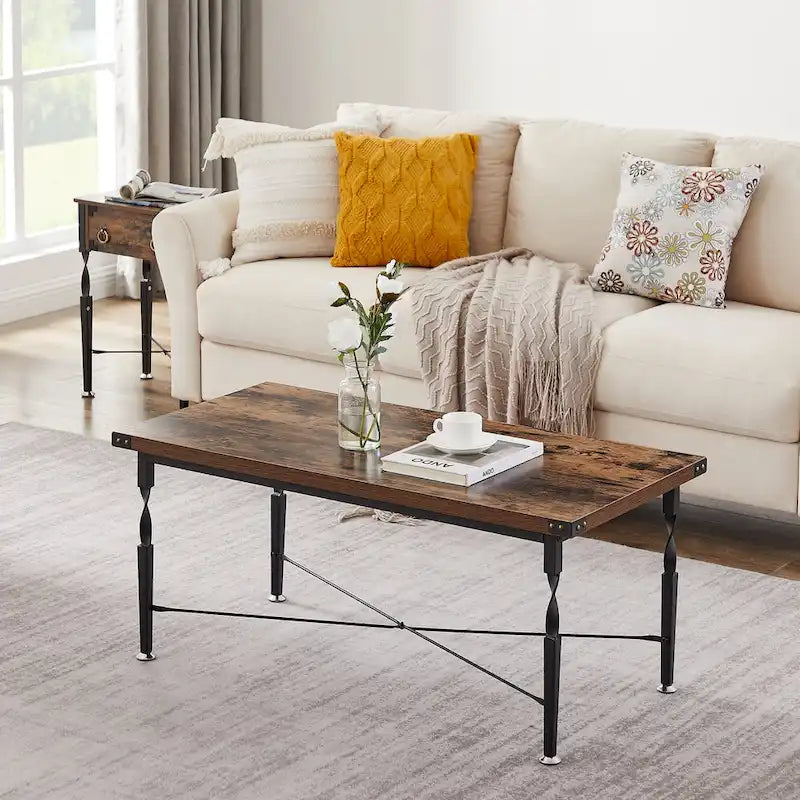 Set of 3 Coffee Table Sets with Coffee Table + 2 End Tables, X-Shaped Design, Rustic Brown