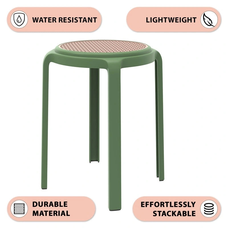 Round Plastic Dining Stool with Wicker Top Tresse Series by LeisureMod - 17.7 H x 13.4 W x 13.4 D