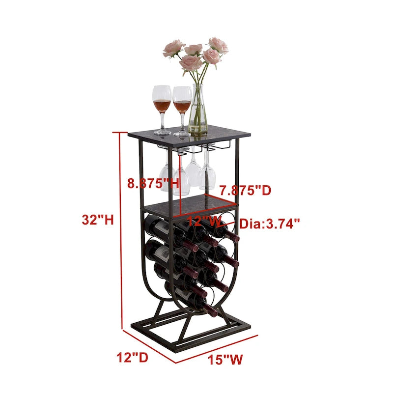 Freestanding Floor Wine Rack Console Table with Glass Holder, Wine Holder Stand for 9 Bottles, Pewter/Marble