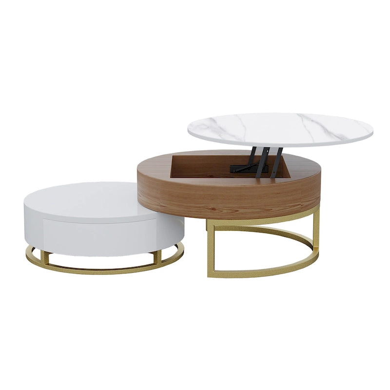 Round Coffee Table White with Storage Lift-Top Wood Coffee Table Lifts up with Rotatable Drawers White Natural