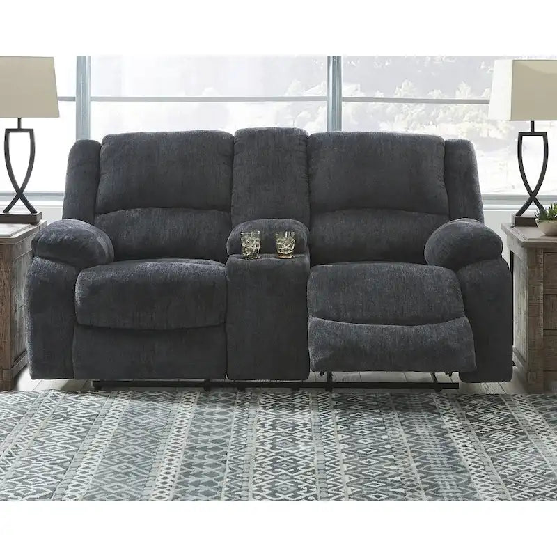 Draycoll Contemporary Double Reclining Loveseat w/Console, Slate - Medium