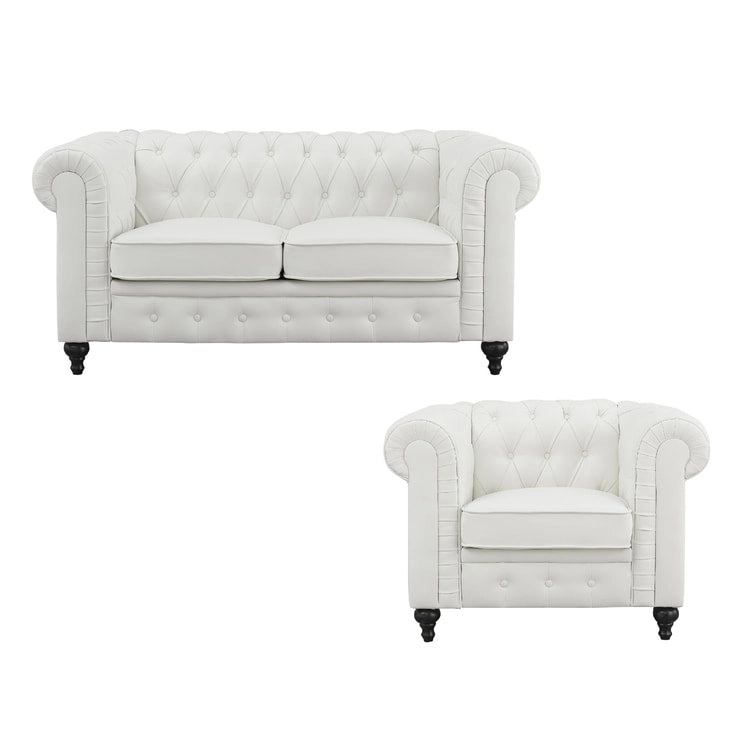 Chesterfield Elegance Collection: Loveseat and Accent Chair with Rolled Arms for Living Room, Office, Reception