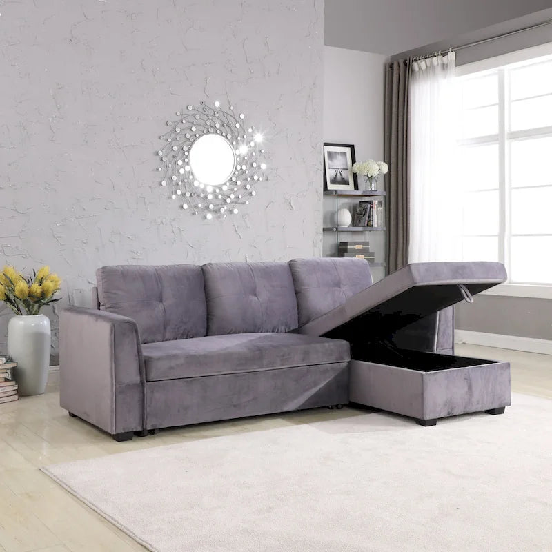 91 Wide Velvet Storage Sectional Reversible Sleeper Sofa & Chaise