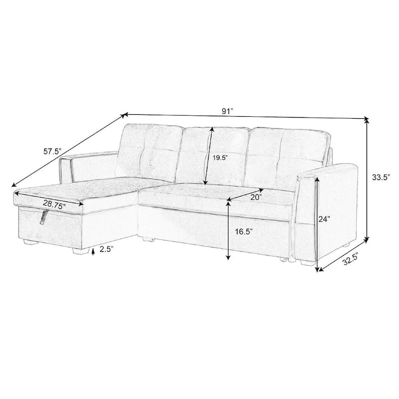 91 Wide Velvet Storage Sectional Reversible Sleeper Sofa & Chaise