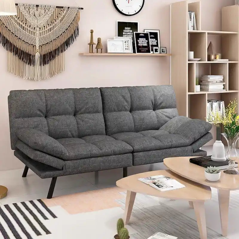 Modern Linen Futon with Memory Foam and Adjustable Armrests