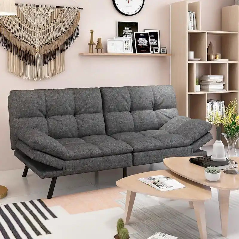 Modern Linen Futon with Memory Foam and Adjustable Armrests