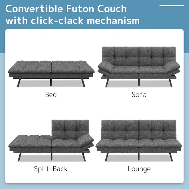 Modern Linen Futon with Memory Foam and Adjustable Armrests