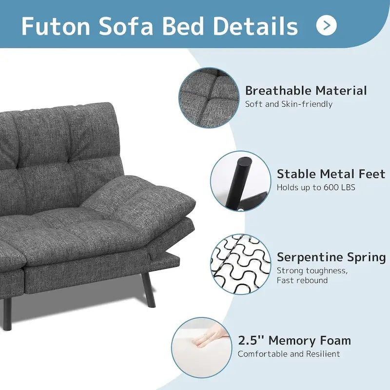 Modern Linen Futon with Memory Foam and Adjustable Armrests