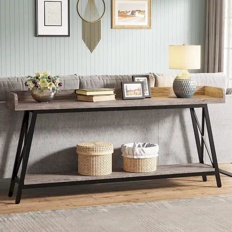 70.9 inch Long Entryway Table, Narrow Sofa Console Table Behind Couch Brown