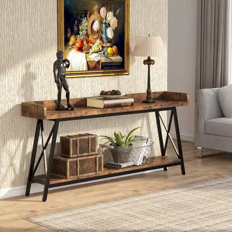 70.9 inch Long Entryway Table, Narrow Sofa Console Table Behind Couch Brown