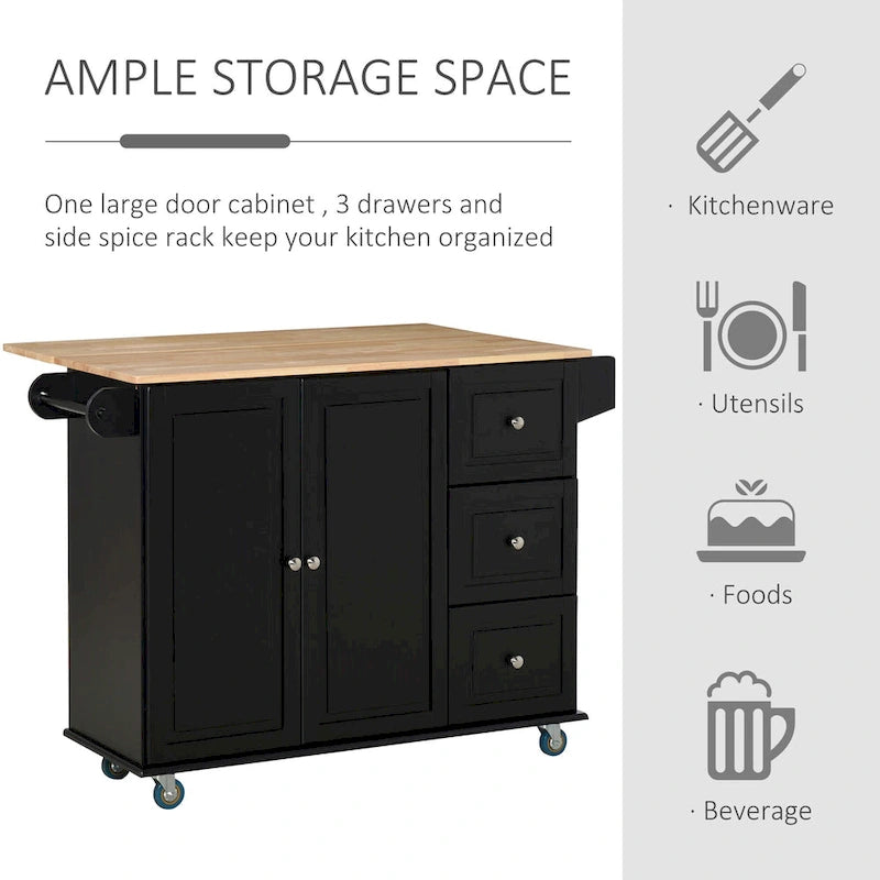 HOMCOM Kitchen Island Mobile Storage Cart with Towel/Spice Rack, 3 Drawers, 2-Door Cabinet and Lockable Wheels