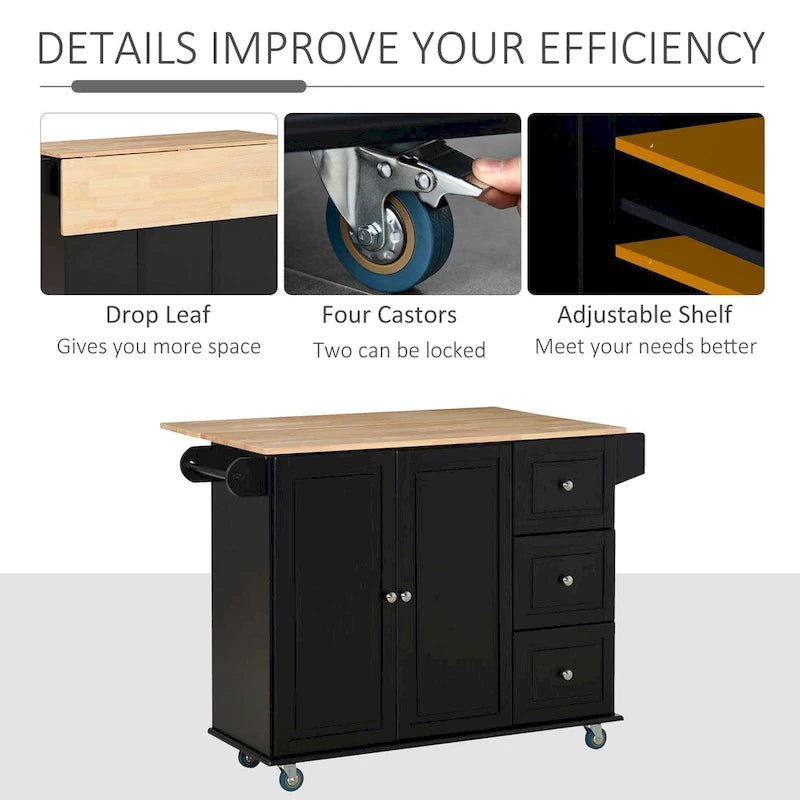 HOMCOM Kitchen Island Mobile Storage Cart with Towel/Spice Rack, 3 Drawers, 2-Door Cabinet and Lockable Wheels