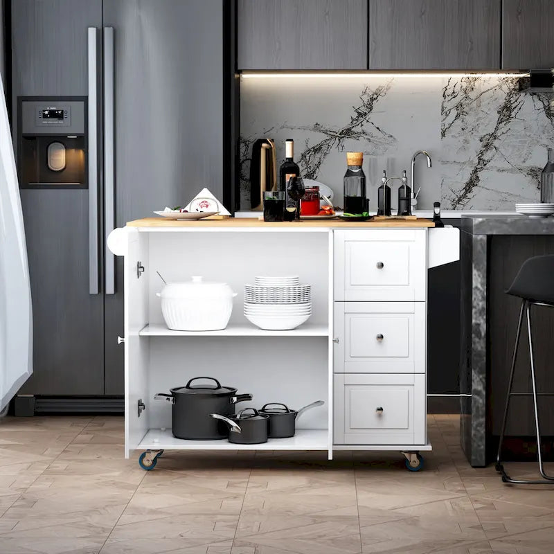 HOMCOM Kitchen Island Mobile Storage Cart with Towel/Spice Rack, 3 Drawers, 2-Door Cabinet and Lockable Wheels