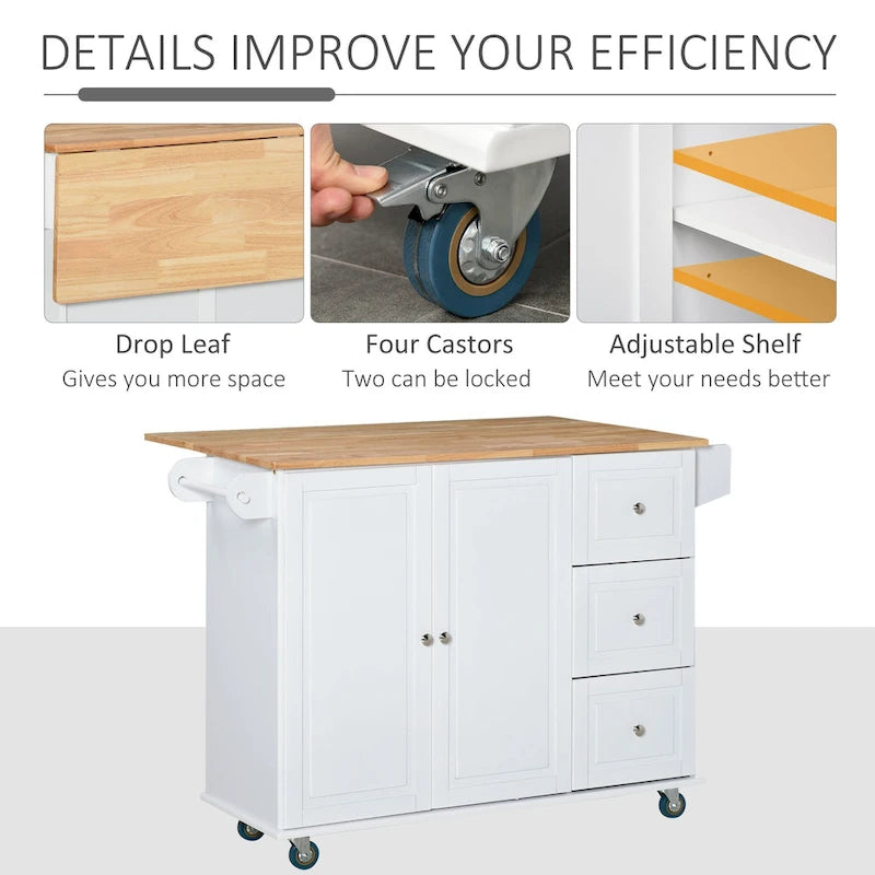 HOMCOM Kitchen Island Mobile Storage Cart with Towel/Spice Rack, 3 Drawers, 2-Door Cabinet and Lockable Wheels