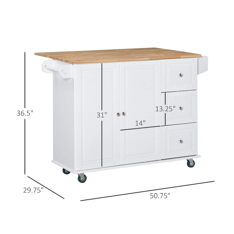 HOMCOM Kitchen Island Mobile Storage Cart with Towel/Spice Rack, 3 Drawers, 2-Door Cabinet and Lockable Wheels