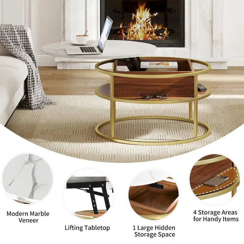 Round Lift Top Extendable Frame Coffee Table with Hide Storage