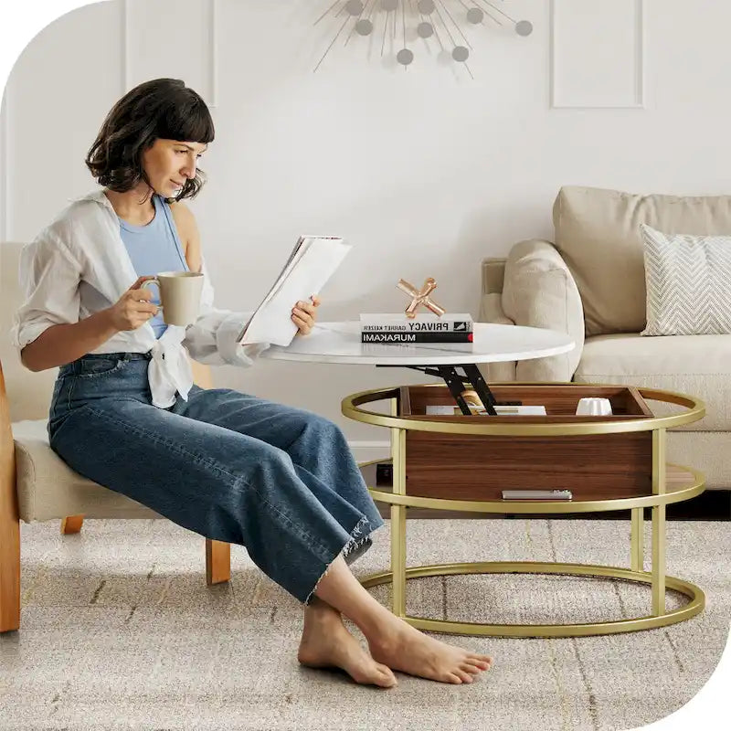 Round Lift Top Extendable Frame Coffee Table with Hide Storage