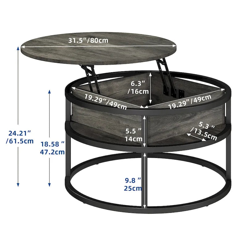 Round Lift Top Extendable Frame Coffee Table with Hide Storage