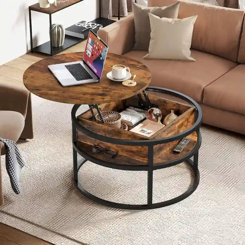 Round Lift Top Extendable Frame Coffee Table with Hide Storage