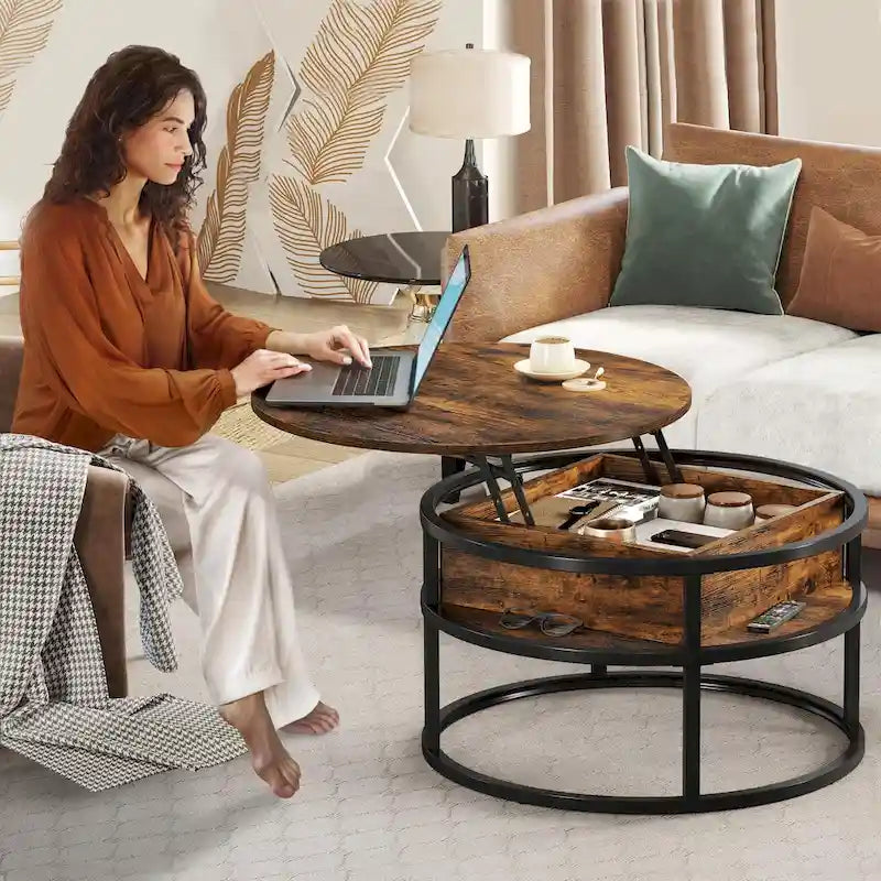 Round Lift Top Extendable Frame Coffee Table with Hide Storage