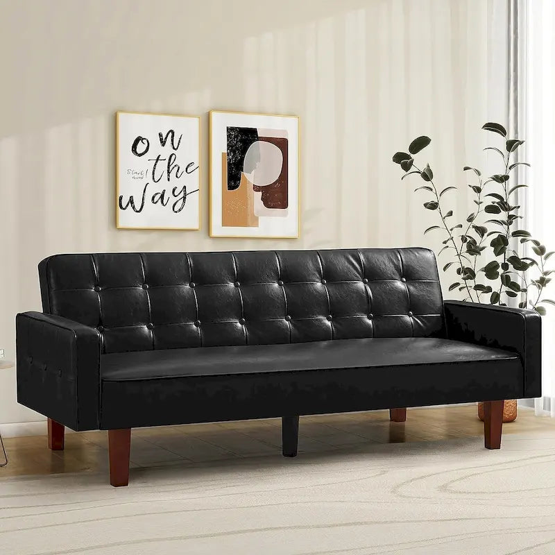 Faux Leather Futon Sofa Bed Sleeper Couch, Mid Century Button Tufted Upholstered Convertible Sofa Bed with Wooden Legs