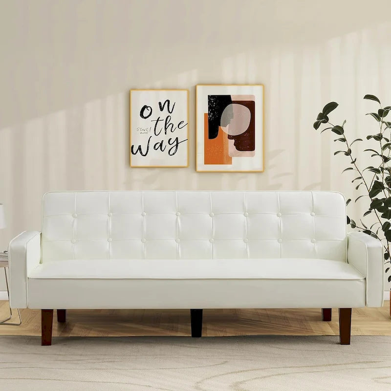 Faux Leather Futon Sofa Bed Sleeper Couch, Mid Century Button Tufted Upholstered Convertible Sofa Bed with Wooden Legs