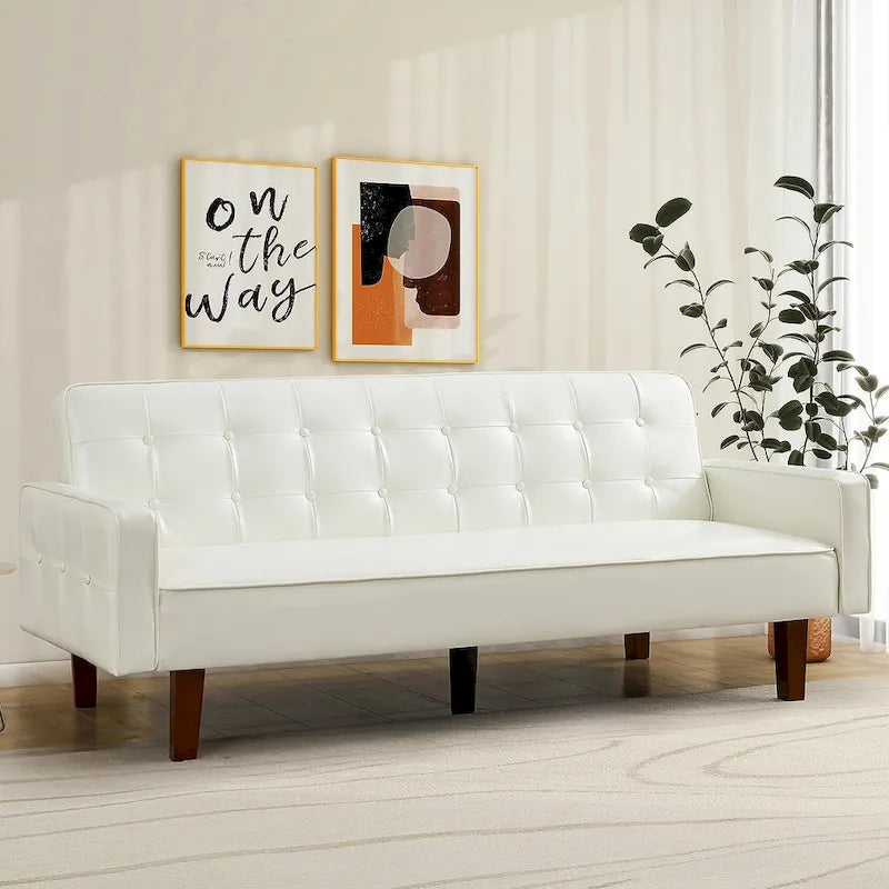 Faux Leather Futon Sofa Bed Sleeper Couch, Mid Century Button Tufted Upholstered Convertible Sofa Bed with Wooden Legs