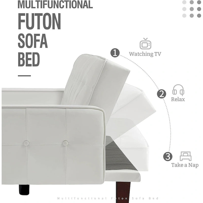 Faux Leather Futon Sofa Bed Sleeper Couch, Mid Century Button Tufted Upholstered Convertible Sofa Bed with Wooden Legs