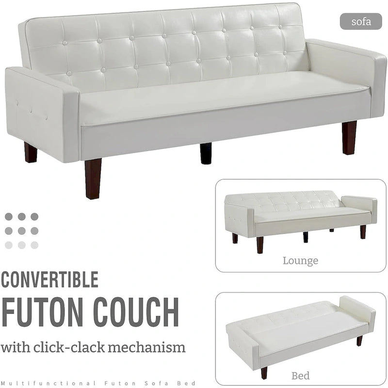 Faux Leather Futon Sofa Bed Sleeper Couch, Mid Century Button Tufted Upholstered Convertible Sofa Bed with Wooden Legs