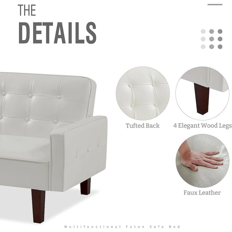 Faux Leather Futon Sofa Bed Sleeper Couch, Mid Century Button Tufted Upholstered Convertible Sofa Bed with Wooden Legs