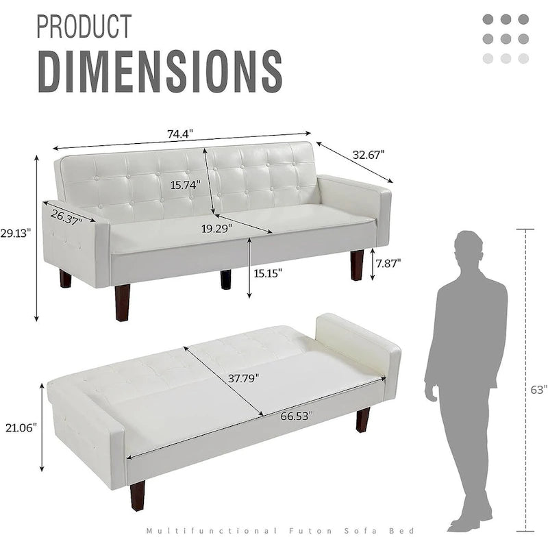 Faux Leather Futon Sofa Bed Sleeper Couch, Mid Century Button Tufted Upholstered Convertible Sofa Bed with Wooden Legs
