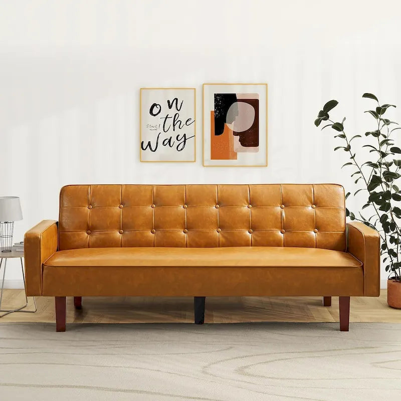 Faux Leather Futon Sofa Bed Sleeper Couch, Mid Century Button Tufted Upholstered Convertible Sofa Bed with Wooden Legs