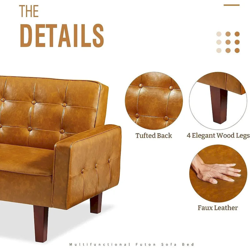 Faux Leather Futon Sofa Bed Sleeper Couch, Mid Century Button Tufted Upholstered Convertible Sofa Bed with Wooden Legs