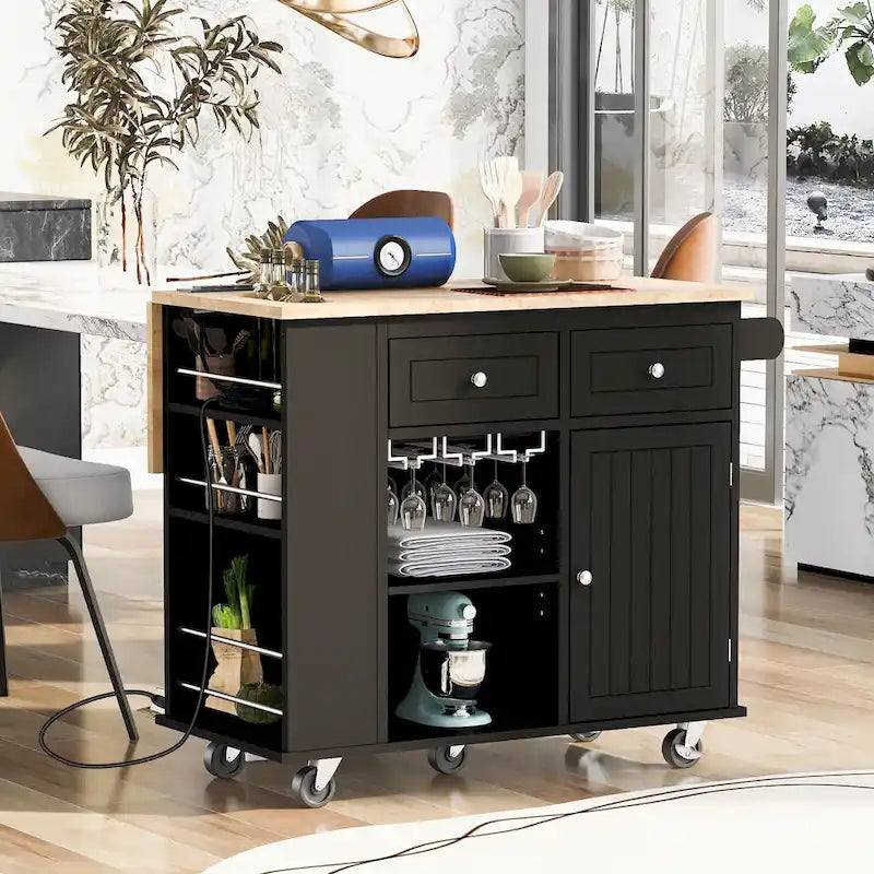 Kitchen Storage Island with Drop Leaf and Power Outlet For Dining Room