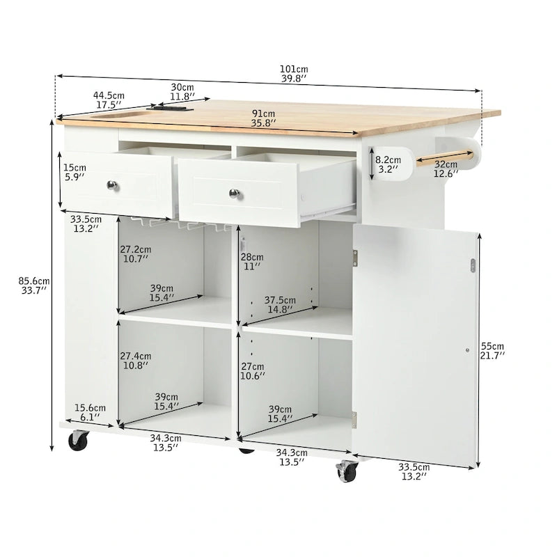 Kitchen Storage Island with Drop Leaf and Power Outlet For Dining Room