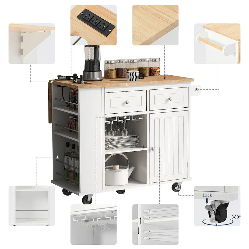 Kitchen Storage Island with Drop Leaf and Power Outlet For Dining Room