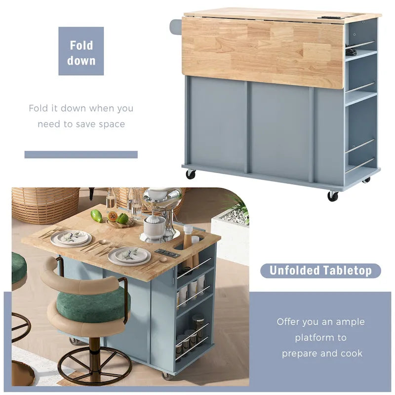 Kitchen Storage Island with Drop Leaf and Power Outlet For Dining Room