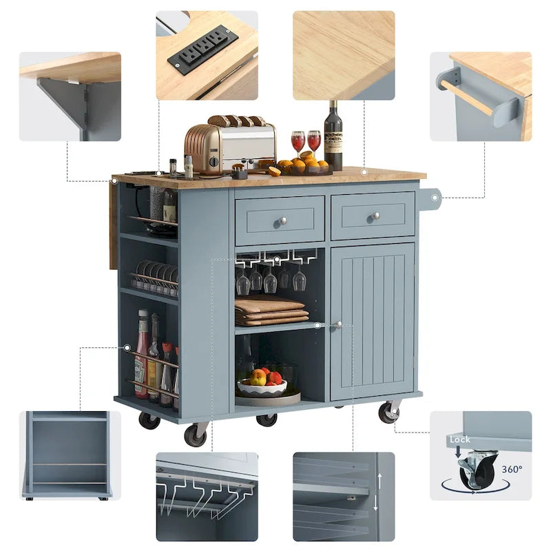 Kitchen Storage Island with Drop Leaf and Power Outlet For Dining Room