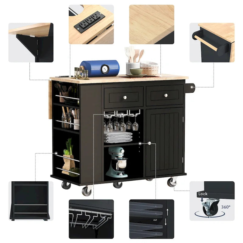 Kitchen Storage Island with Drop Leaf and Power Outlet For Dining Room