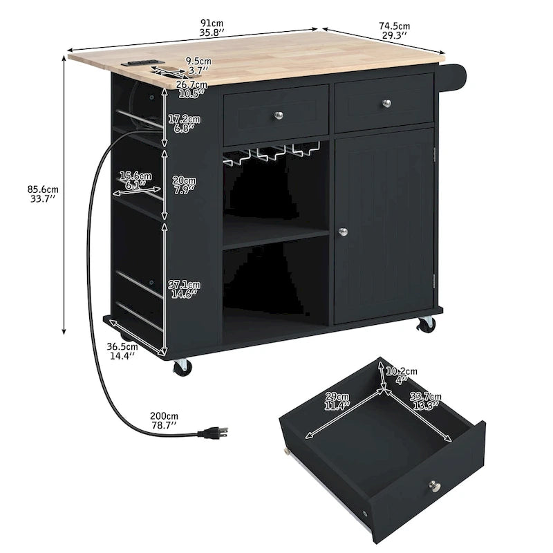 Kitchen Storage Island with Drop Leaf and Power Outlet For Dining Room