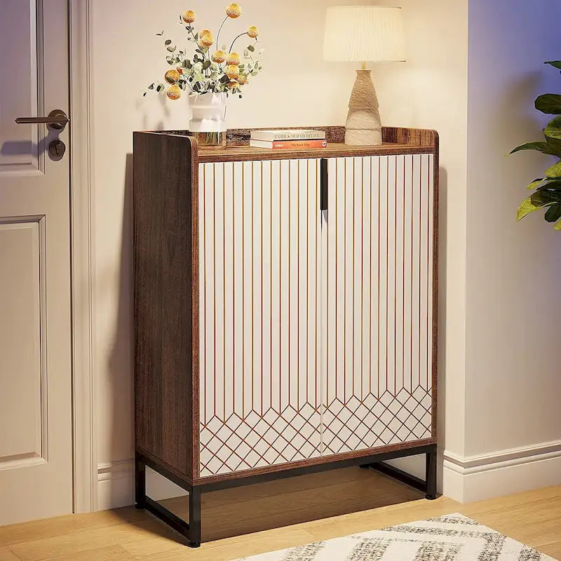 5 Tier Shoe Cabinet with Doors 25 Pairs White Wood Shoes Organizer